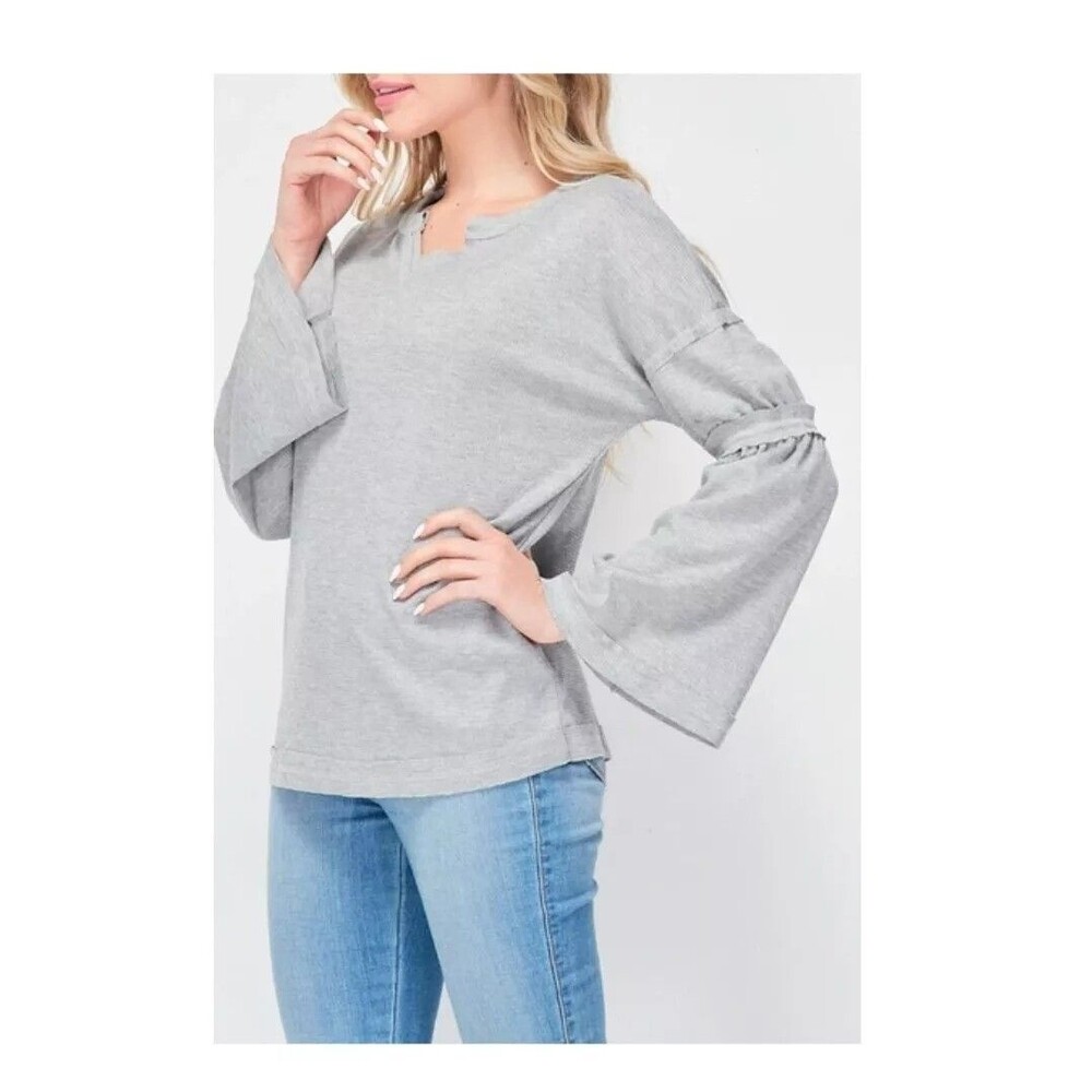 BAEA Flare Sleeve Thermal V-Neck Women's T-shirt In Grey NWT Women's Small
